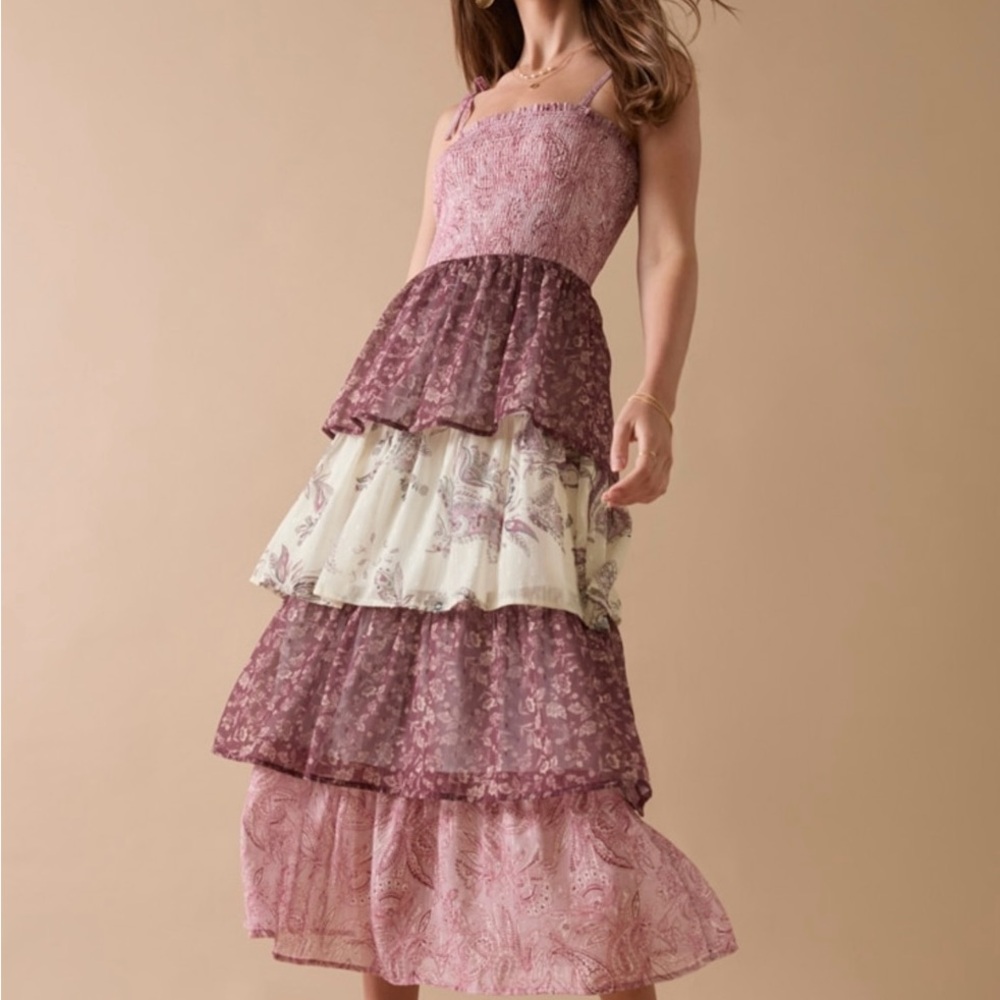 Floral Tiered Maxi Dress in Purple and Cream